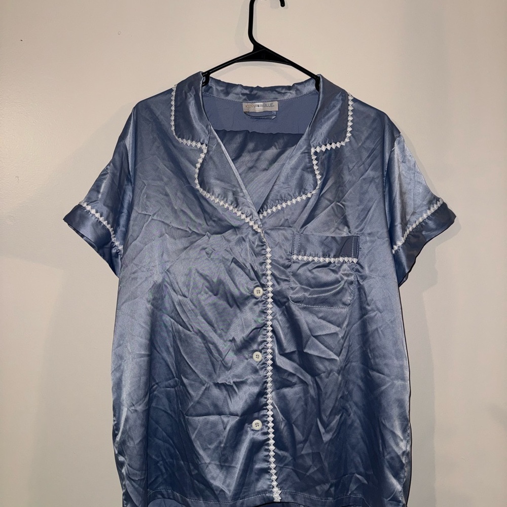 Kennedy Blue Satin Pajama Set with White Trim